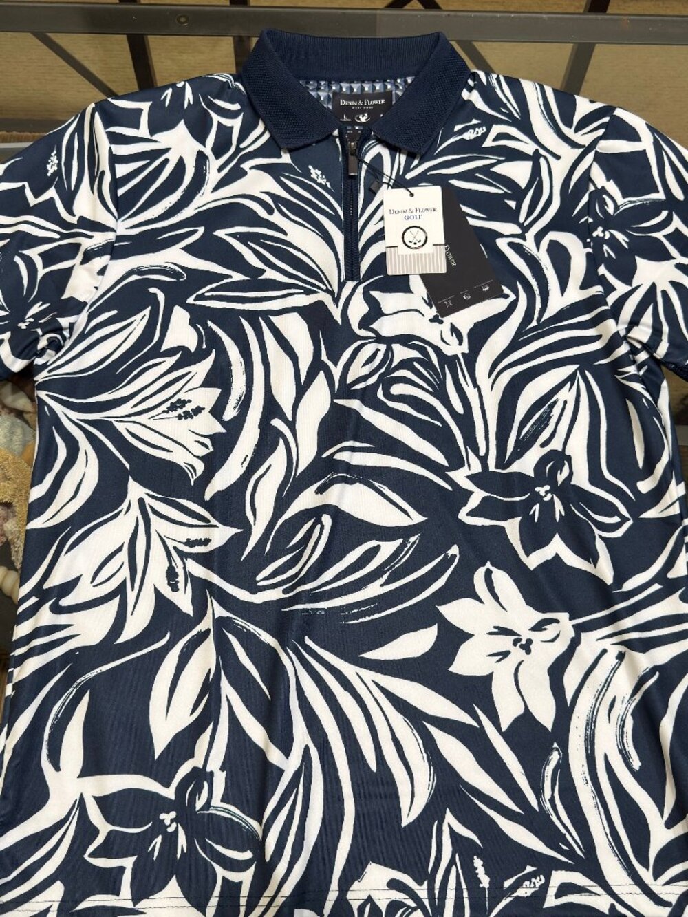 $64 DENIM & FLOWER MENS L NAVY WHITE FLORAL ZIPPER COLLAR POLO GOLF SHIRT NWT